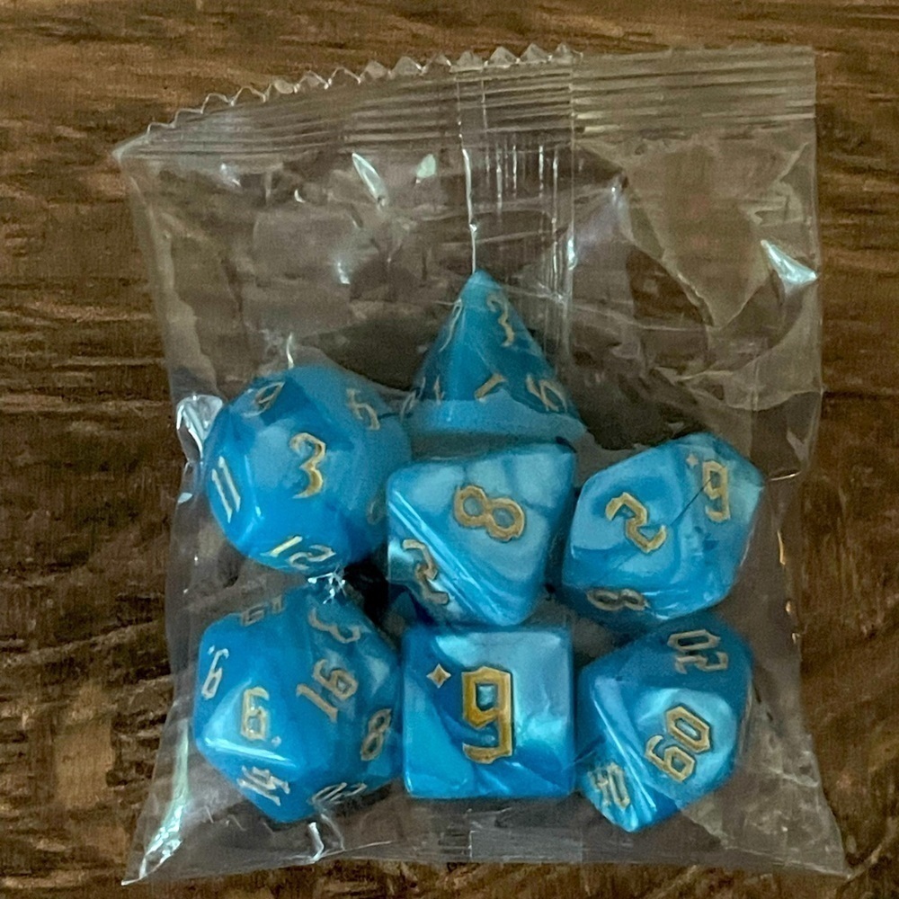 Blue Pearlized Swirl Acrylic 7 Piece Dice Set With Gold Inking